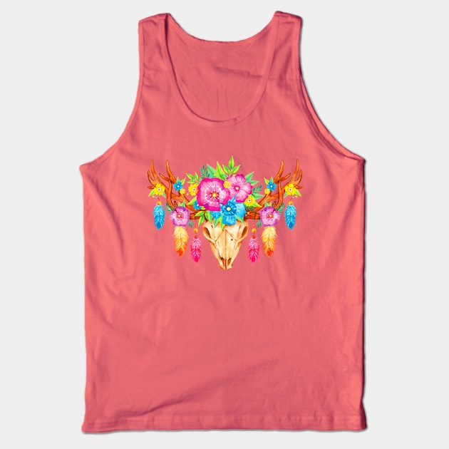 Feathers and Flowers Boho Skull Tank Top by machmigo